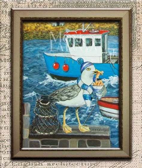 Set of 3 Seagull Eating Chips Picture Seaside Beach Watercolour Art ...