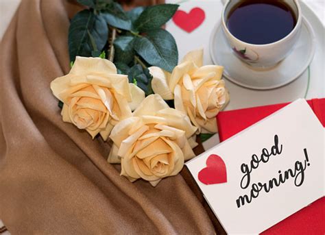 Bouquet Of Roses Cup Of Coffee Good Morning Stock Photo - Download Image Now - iStock