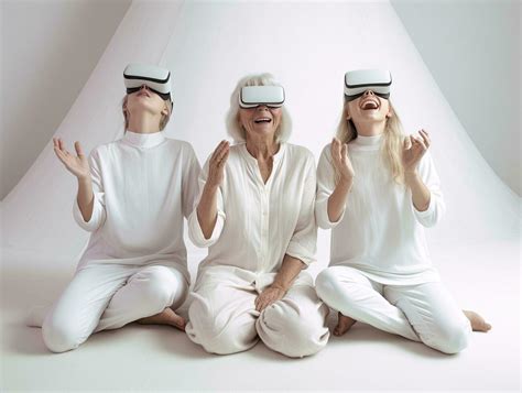 Happy family of grandchild and grandparents in vr glasses playing video games enjoy virtual ...