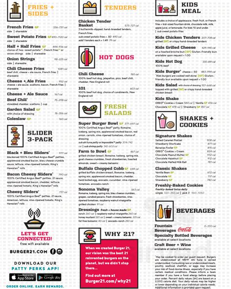 Burger 21 menu in St. Petersburg, Florida, USA