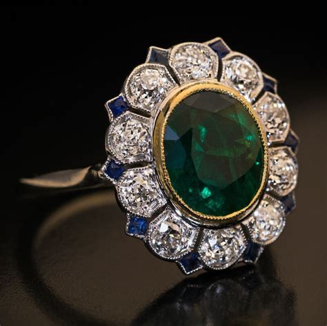 Art Deco Vintage Emerald Diamond Sapphire Ring Ref: 582908 | Art deco ...