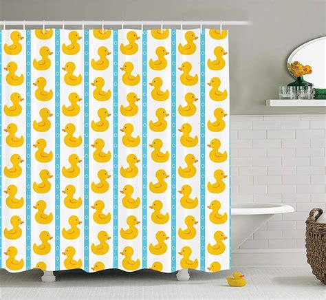 Rubber Duck Shower Curtain Yellow Duckies with Blue Stripes Baby Nursery Play Toys Pattern ...