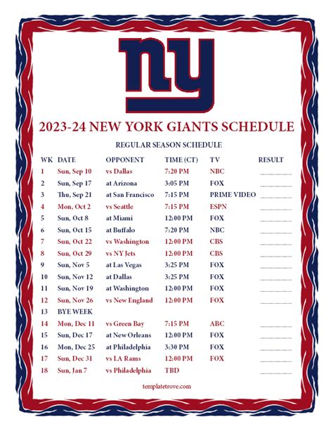 Giants Printable Schedule 2023