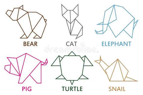 Origami Animals Collection. Set of Line Geometric Shape for Art of Folded Paper. Template for ...