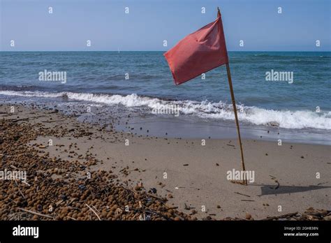 Red warning flag on the beach Stock Photo - Alamy