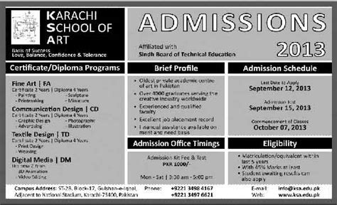 Karachi School of Art Admission 2019 Program Schedule