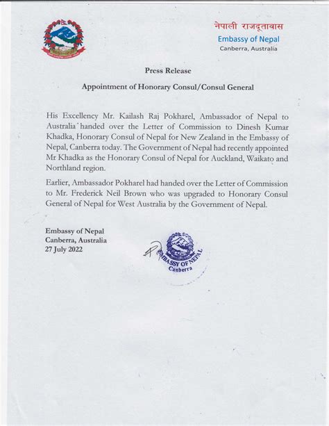 Press Release - Appointment of Honorary Consul/Consul General - Embassy of Nepal - Canberra ...