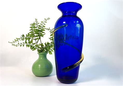 Vintage Blenko Art Glass Cobalt Blue Vase w/ Amber Cord - Richard Blenko Signed Spiral Hand ...