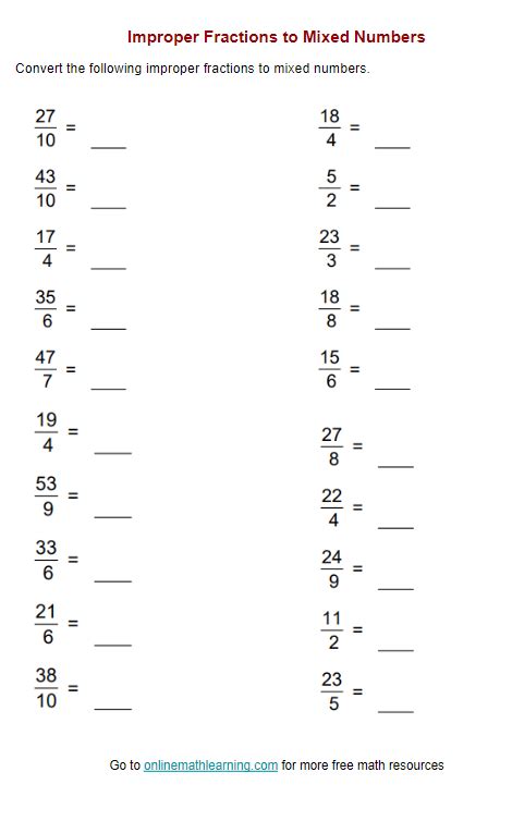 Improper Fractions to Mixed Numbers Worksheet (examples, answers, videos, activities)