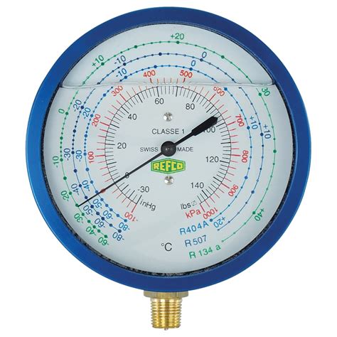 LOW PRESSURE GAUGE, REFCO, R134A KPA/PSI, LIQUID FILLED, BLUE