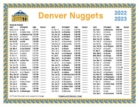 Denver Nuggets Printable Schedule