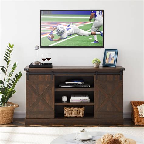 Sliding Barn Door TV Cabinet with Storage Space and Shelf, Modern ...