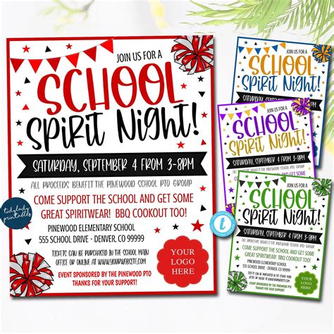 Editable School Spirit Flyer, School Spirit Night Party, Spirt Night Fundraiser, Editable School ...