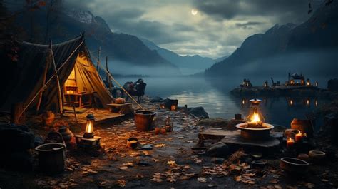 Premium Photo | Camping tent and mountain river at night night landscape with mountains and ...