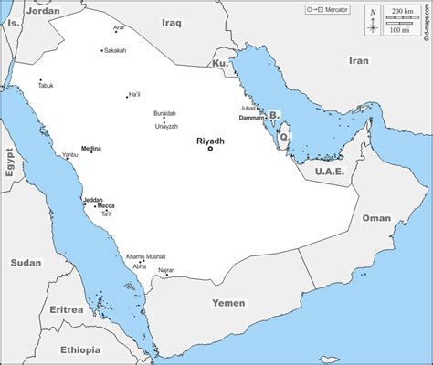 沙特阿拉伯 免费地图, 免费的空白地图, 免费的轮廓地图, 免费基地地图 边界, 主要城市, 名称