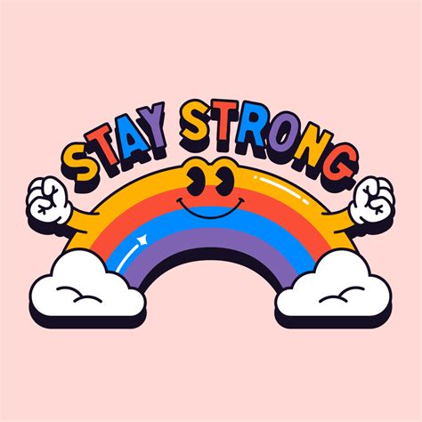 the stay strong rainbow sticker is in front of a pink background with white clouds