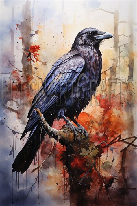 Raven Watercolor Art, Raven Drawing, Bird Painting, Raven Wall Decor ...