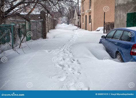 Snow Storm Hits City. Street after Blizzard Stock Image - Image of ...