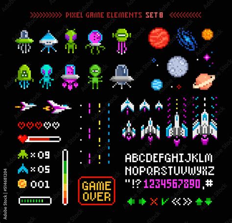 Space Arcade Game Retro Invaders, Pixel Art Video Games And Mon By Tartila TheHungryJPEG | lupon ...