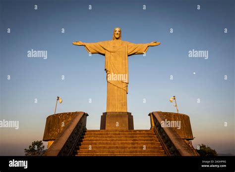 View to Christ the Redeemer Statue staircase during sunrise up on Corcovado Mountain, Rio de ...