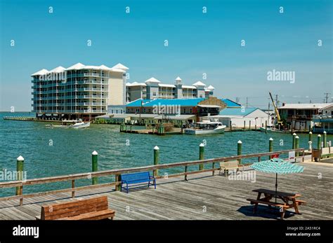 waterfront scene; pier; modern condominiums; boats; old buildings ...