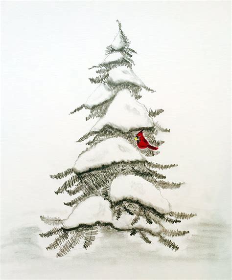 Red Cardinal Bird Sitting in Snow Covered Pine Tree Art Print, Winter Scene Painting, Selective ...