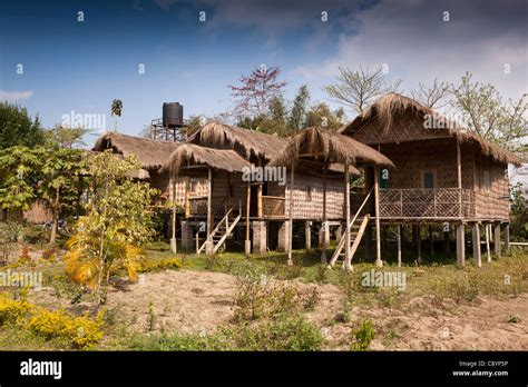 India, Assam, Majuli Island, tourism, bamboo eco cottage tourist accommodation at edge of paddy ...