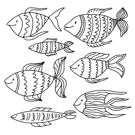 Doodle Fishes Collection. Coloring Book Page Stock Vector - Illustration of tropical, underwater ...