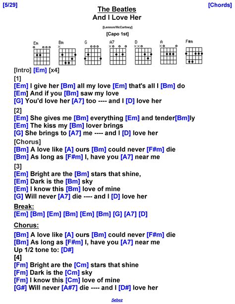 The Beatles - And I Love Her [Em] | Lyrics and chords, Guitar lessons songs, Song lyrics and chords