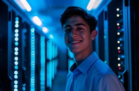 Premium Photo | Portrait of young man standing with arms crossed against server room in data center