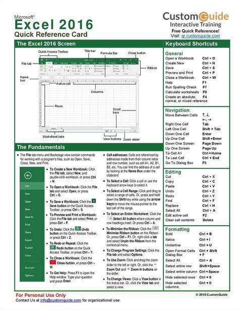 Microsoft Excel 2016 -- Quick Reference Guide, Free CustomGuide Tips ...