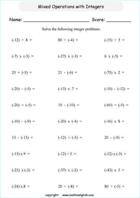 Mixed Operation Worksheet With Negative Numbers And Integers Based | Integers worksheet, Integer ...