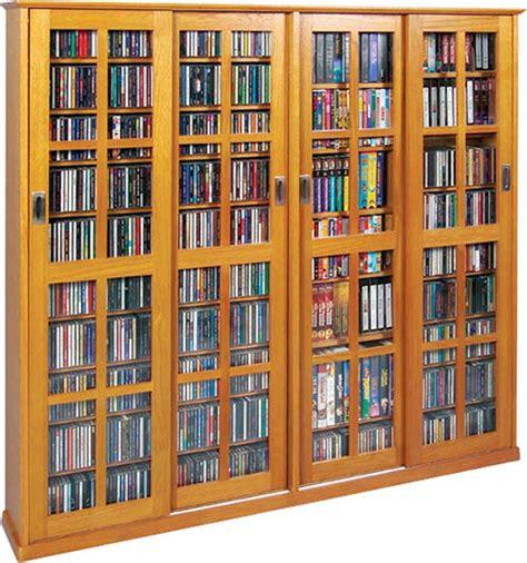 Mission Style CD/DVD Storage Cabinet with 4 Sliding Glass Doors - Oak