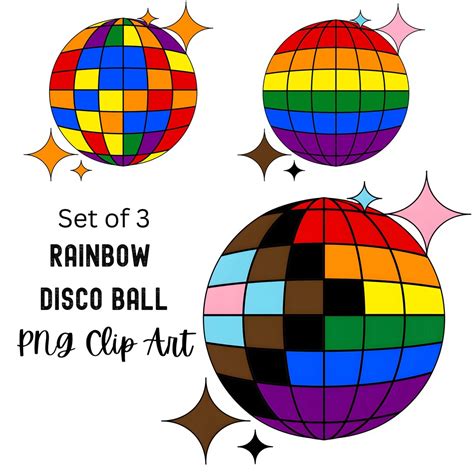 Rainbow Disco Ball Set of Three PNG, Disco Ball Clipart, Digital Download, Disco Balls PNG ...