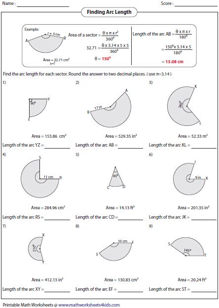 Area Of A Sector And Arc Length Worksheets