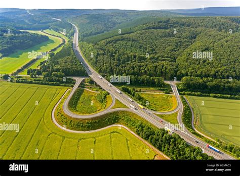 Aerial picture, highway entrance Marsberg A44, Diemelstadt, Sauerland ...