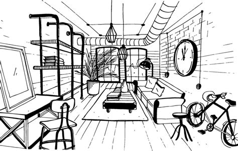 Modern living room interior in loft style. Hand drawn sketch ...
