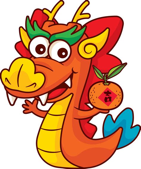 Cartoon cute chinese dragon zodiac holding tangerine orange character illustration. Chinese new ...