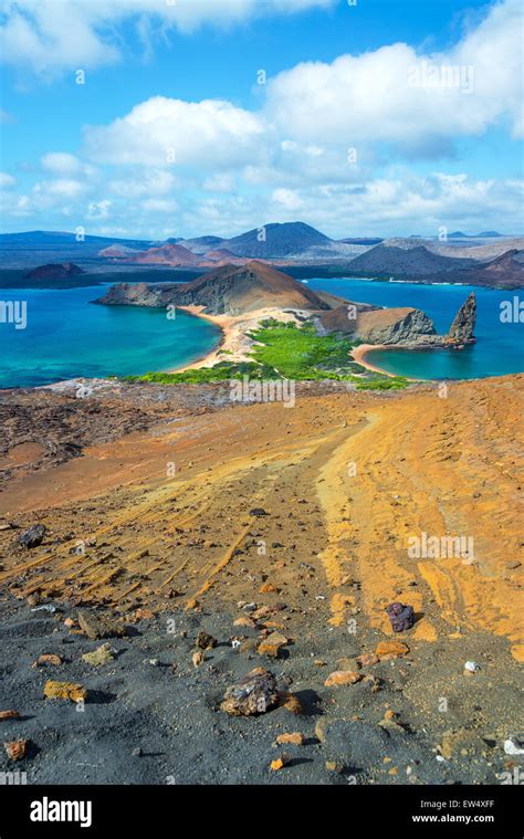 Vertical view of the landscape around Pinnacle Rock in Bartolome Island ...