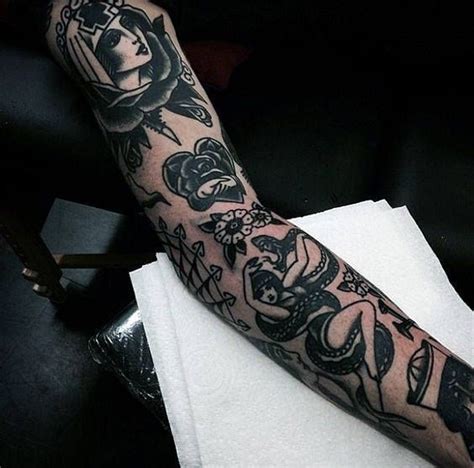 Mens Black Ink Old School Traditional Sleeve Tattoo | Traditional tattoo sleeve, Traditional ...