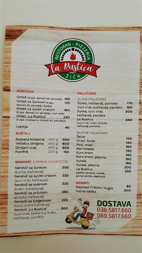 Menu at La Rustica restaurant, Kraljevo