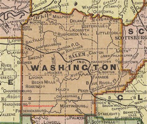 Washington County, Indiana, 1908 Map, Salem, Little York, Pekin, Fredericksburg, Campbellsburg ...