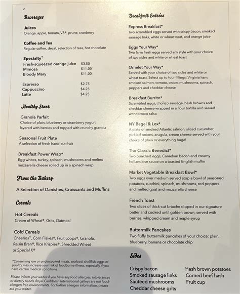 Royal Caribbean Mariner Of the Seas Main Dining Room Breakfast Menu 2022 – Deen on Deck. It's a ...