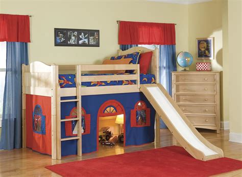 Bolton Kids Cottage Loft Bed w/ Slide (blue/red on natural)