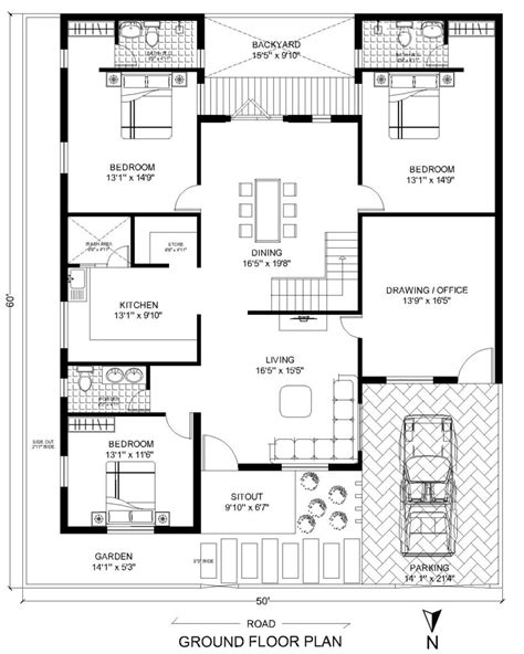 50 x 60 House Plan | 3000 Sq. Ft. House Design | 3BHK House With Car ...