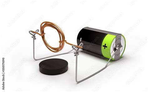 Simple electric motor experiment with cell and magnet. 3D Rendering ...