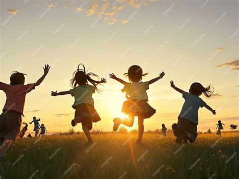 Premium AI Image | Silhouette group of happy children playing on meadow sunset summertime