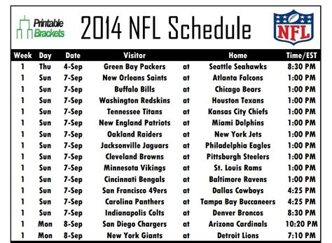 Printable NFL Schedules for All 32 Teams Now Available at PrintableBrackets.net