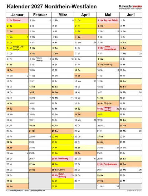 Kalender 2027 NRW: Ferien, Feiertage, Excel-Vorlagen