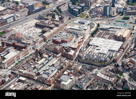 An aerial photograph of Leeds City Centre retail shopping centre, west ...